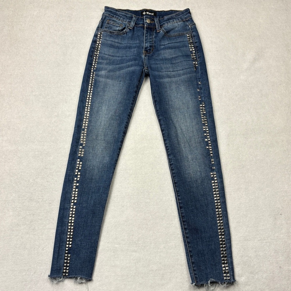 Vocal Womens Studded Side Seam Skinny Jeans Blue Denim‎ Raw Hem Size S IM1441P